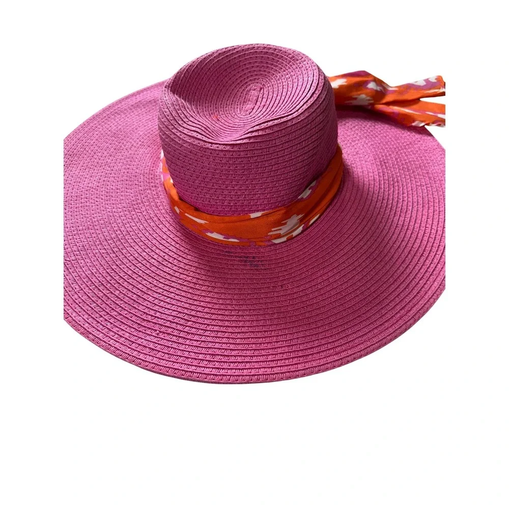Mud Pie Pink Wide Brim Straw Sun Hat‎ Orange Scarf Floppy Beach One Size